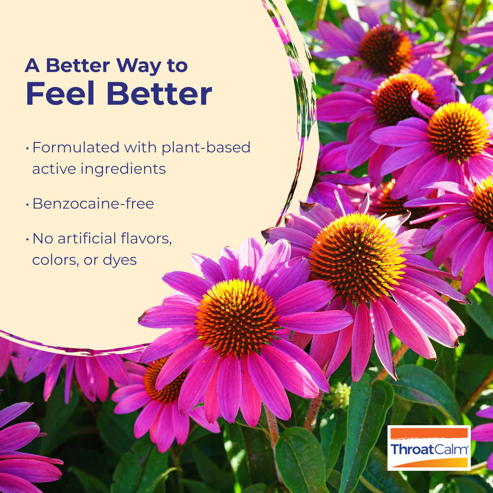 Boiron ThroatCalm packaging highlights benzocaine-free, plant-powered formula for safe use.