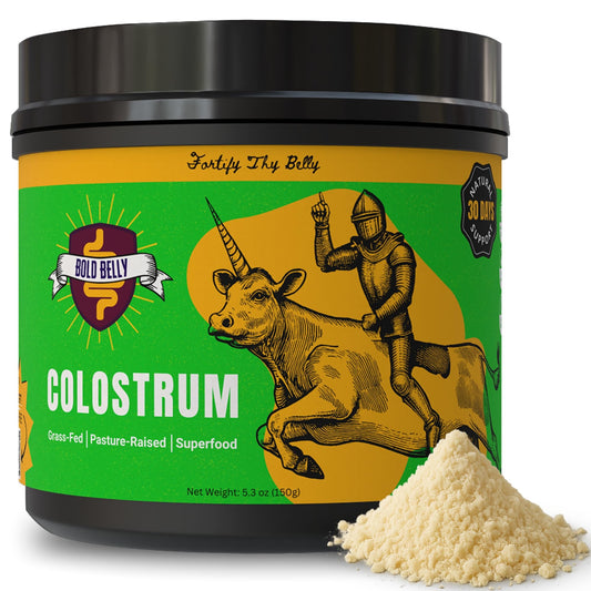 Bold Belly Colostrum Powder bottle on shelf for gut support