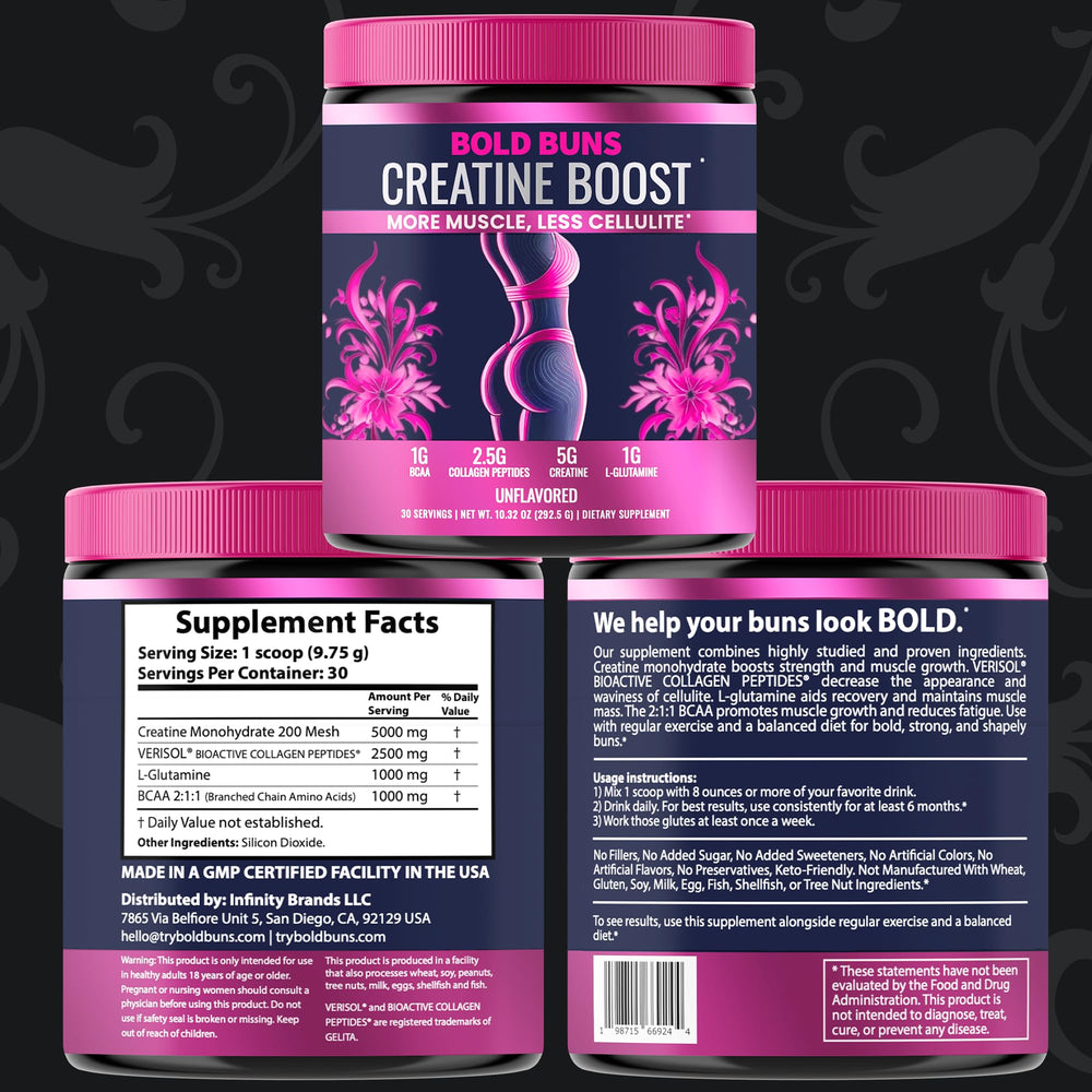 Bold Buns Creatine for Women post-workout focus with BCAA and glutamine synergy.
