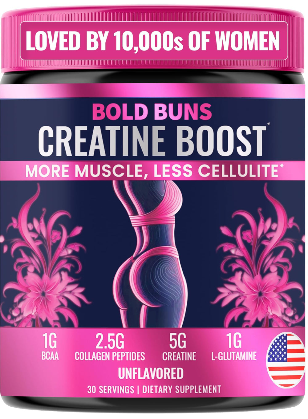 Bold Buns Creatine for Women bottle pouring supports post-workout recovery and lean muscle.