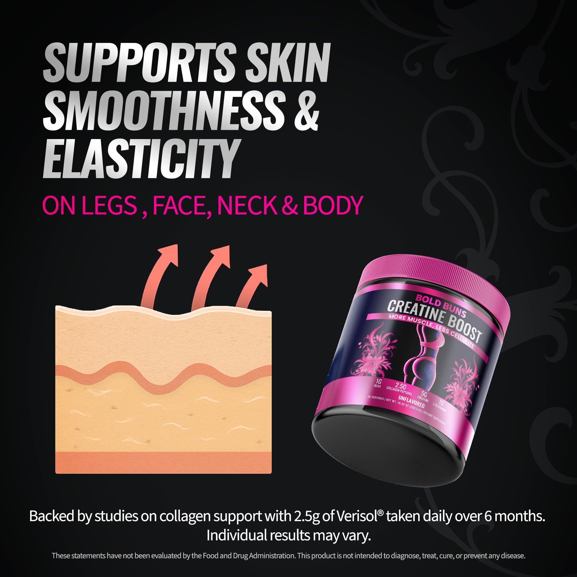 Bold Buns Creatine for Women scoop closeup showcases versatile unflavored mix for any beverage.