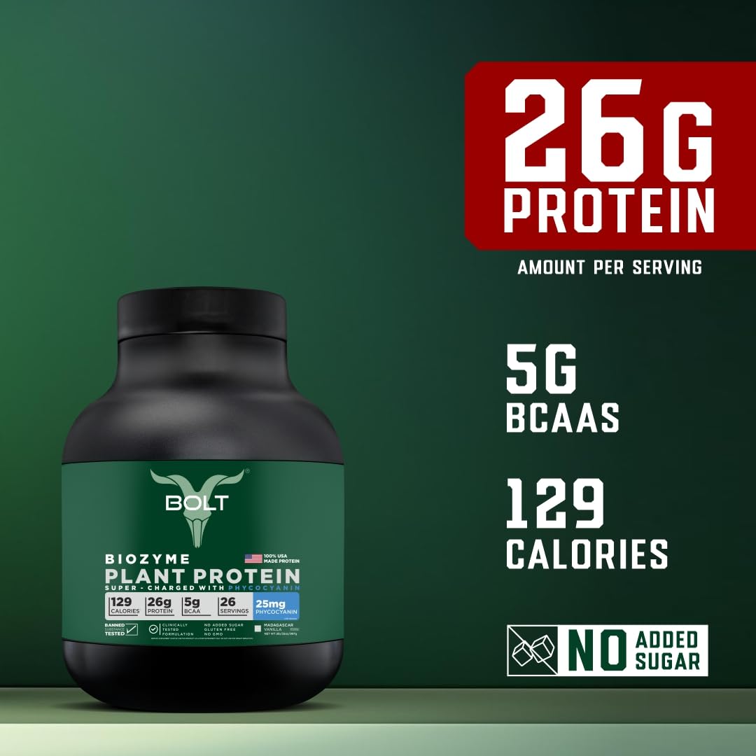 Bolt Biozyme vanilla protein scoop beside the tub for post-workout fueling.