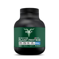 Bolt Biozyme vanilla tub label shows premium vegan protein for muscle support.
