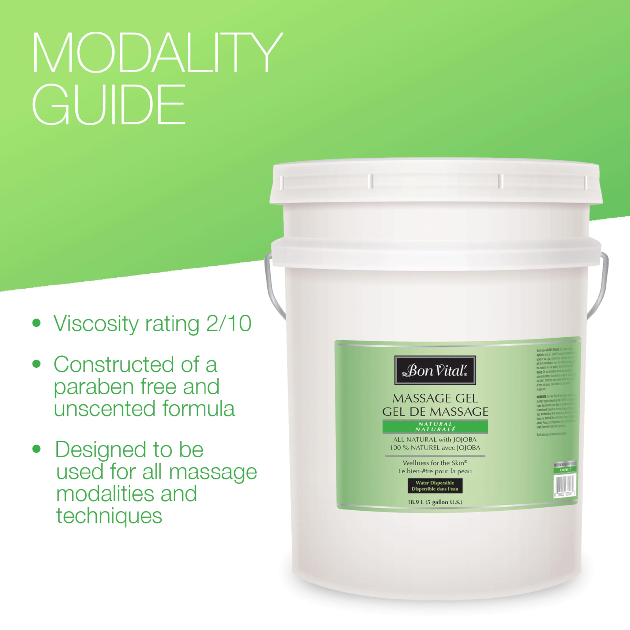Bulk 5-gallon Bon Vital' Naturale Massage Gel container ideal for busy spas.