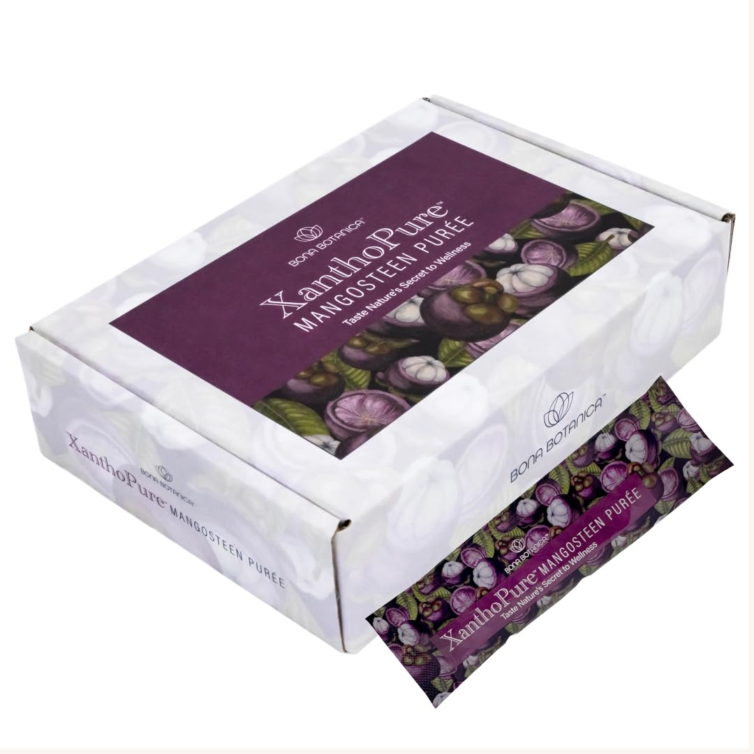 Bona Botanica XanthoPure mangosteen sachet close-up highlighting concentrated antioxidants for daily snacking.