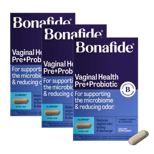 Bonafide Clairvee vaginal probiotic bottle on counter supports daily balance