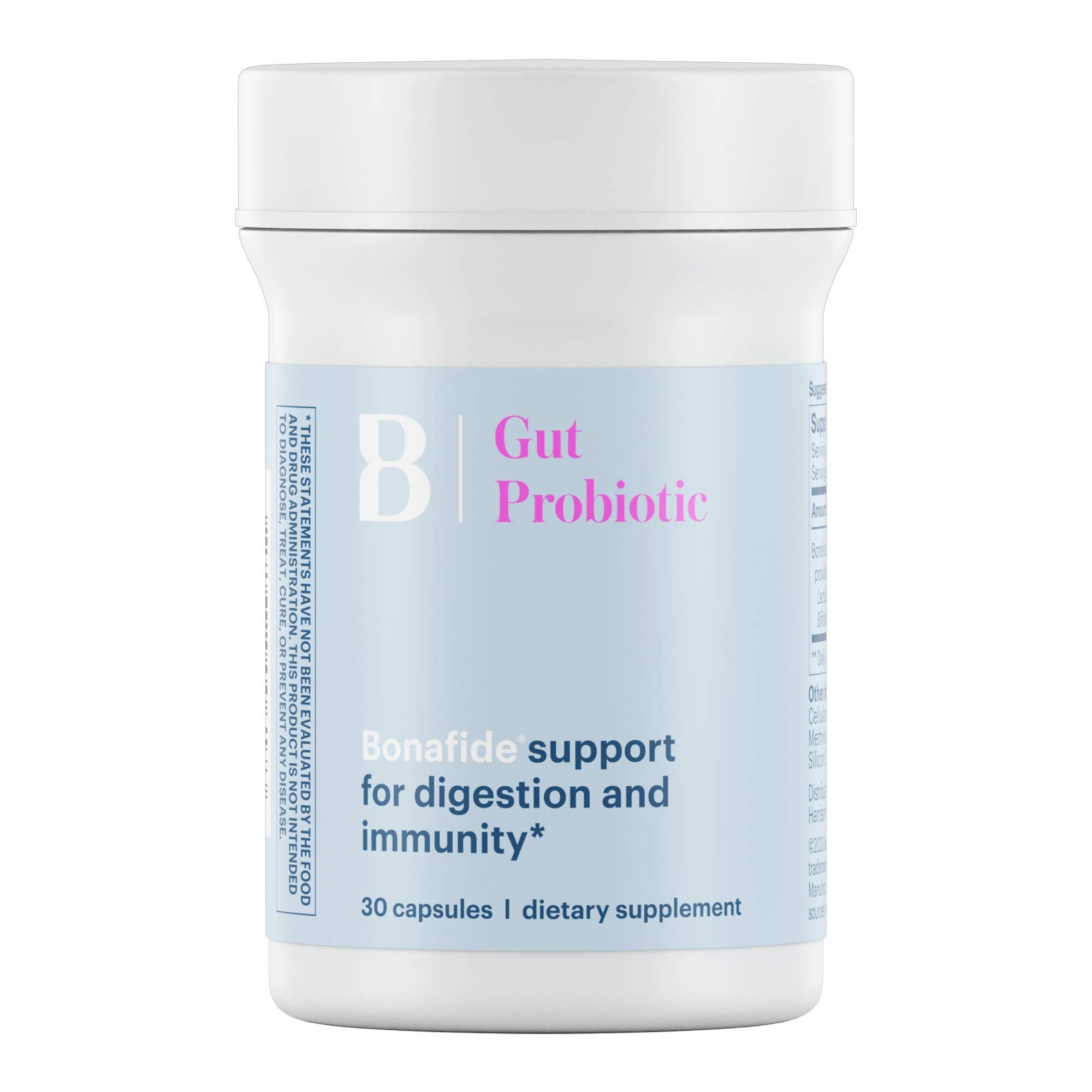 Bonafide Essentials probiotic bottle showing capsules for balanced digestion