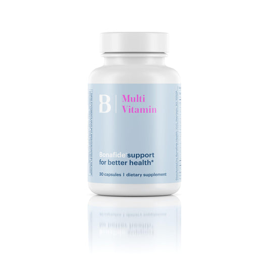 Bonafide Essentials multivitamin bottle for daily energy, bone health, and overall wellness.
