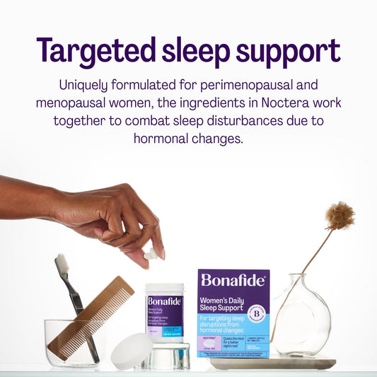 Closeup of Bonafide Noctera tablets showing calm, non-hormonal sleep aid.