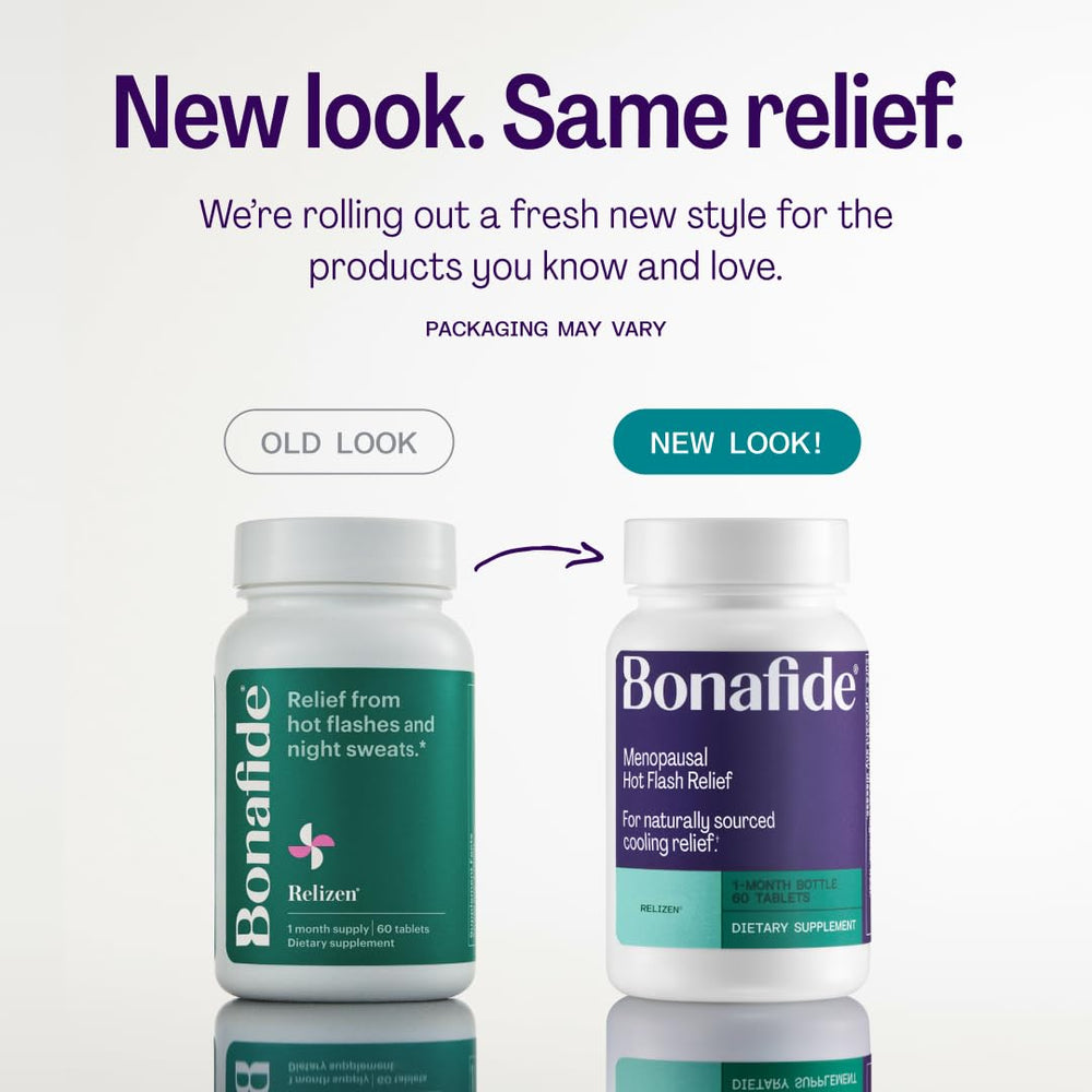 Relizen tablets close-up showing plant-based support for hot flashes