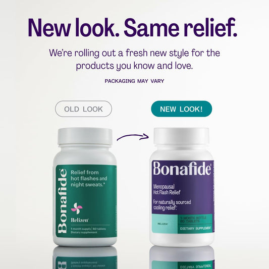 Relizen tablets close-up showing plant-based support for hot flashes