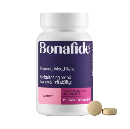 Bonafide Serenol bottle label highlights plant-based mood support.