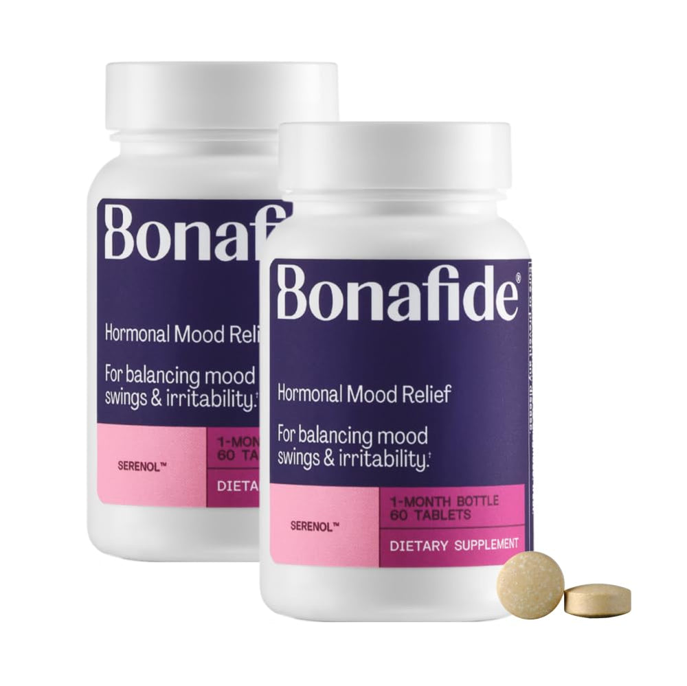 Bonafide Serenol bottle pour demonstrates easy daily use for mood support during PMS.