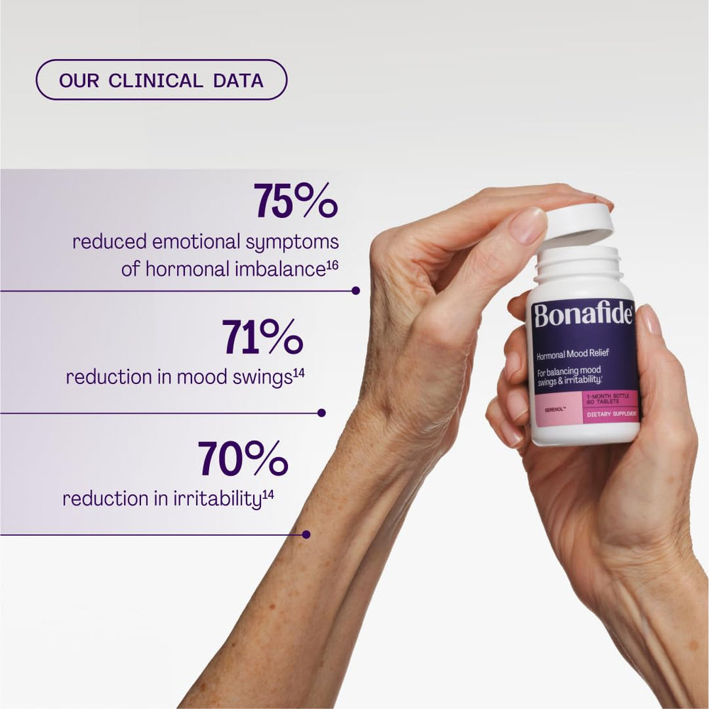 Bonafide Serenol bottle with glass of water suggests easy daily intake.