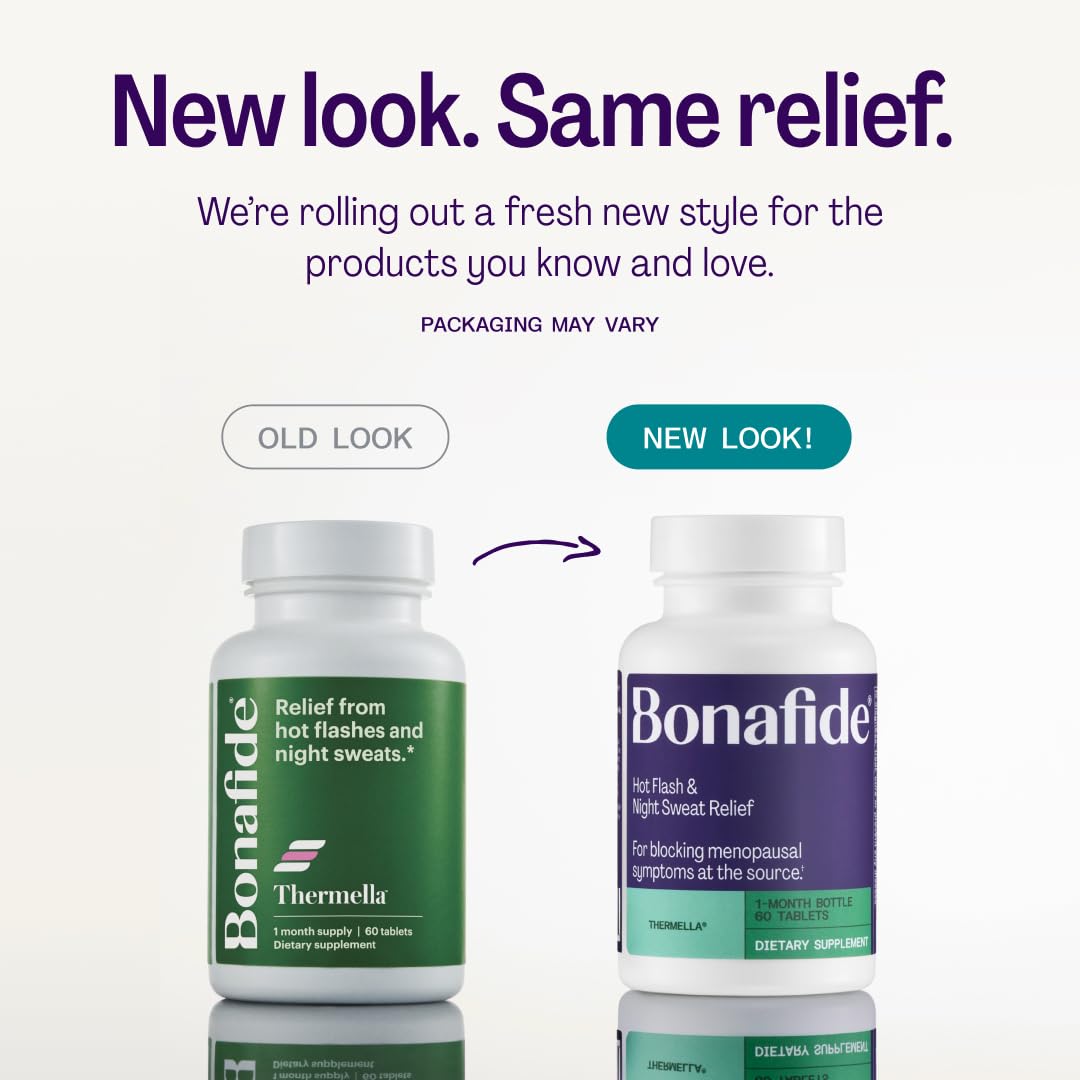 Bonafide Thermella tablets shown for daily use and night sweats support.