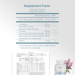 Ingredients featuring lemon balm and valerian for potential relaxation.