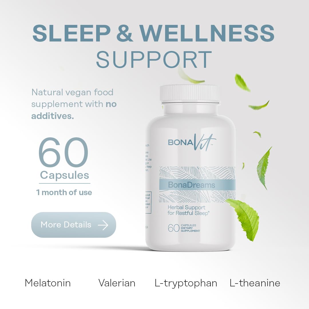 Bonavit BonaDreams label close-up showing melatonin 5 mg and herbal blends.
