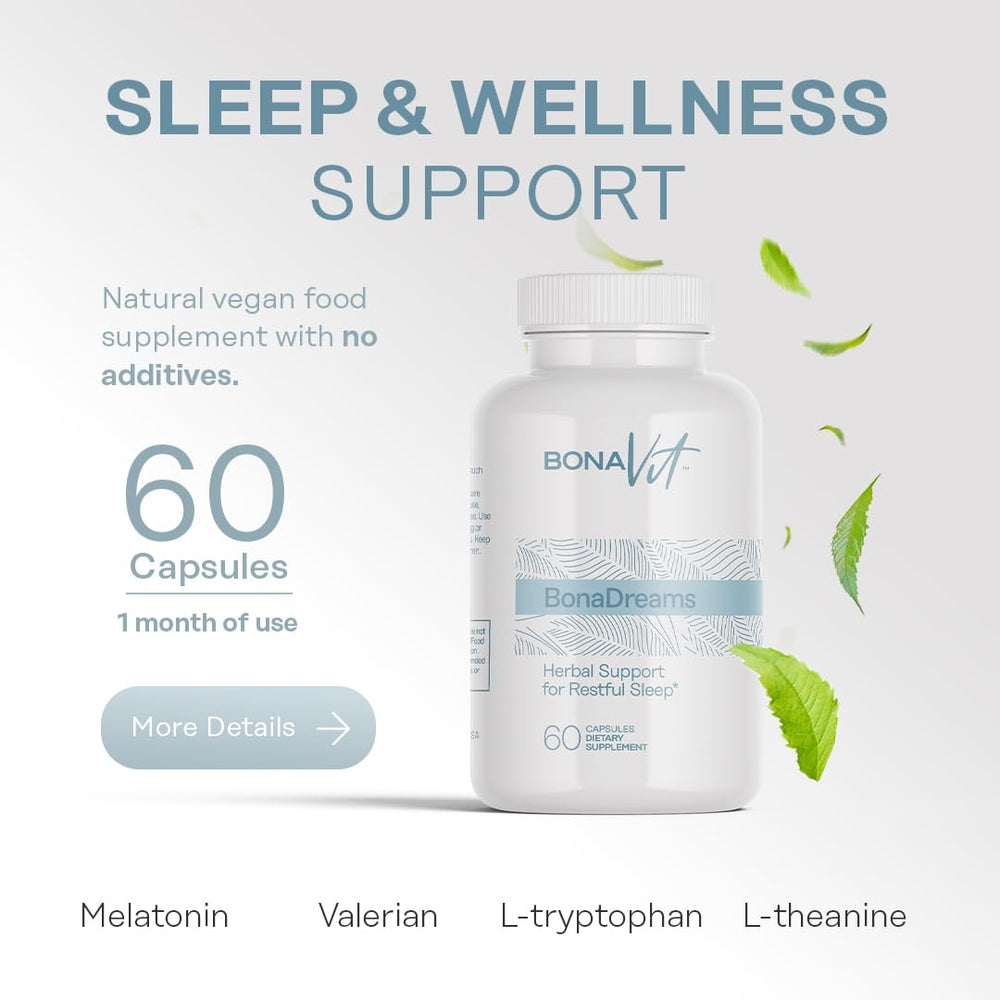 Bonavit BonaDreams label close-up showing melatonin 5 mg and herbal blends.
