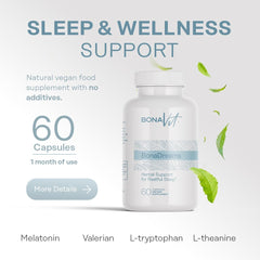Bonavit BonaDreams label close-up showing melatonin 5 mg and herbal blends.