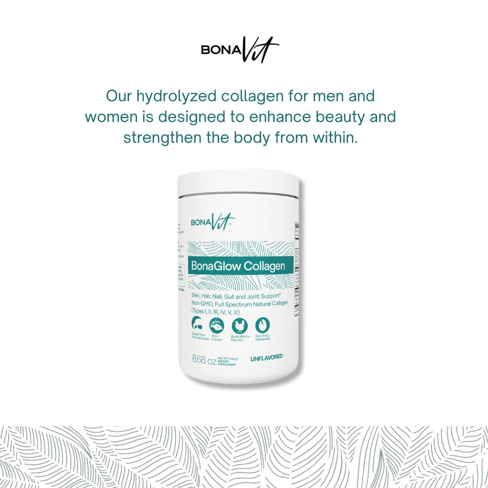 Bonavit BonaGlow collagen types I-V-X from multiple sources shown on label.