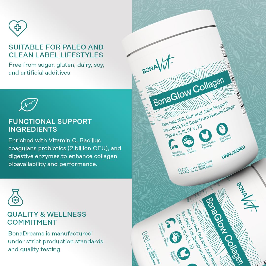 Bonavit BonaGlow label highlights probiotic and enzyme blend for digestion-friendly options.