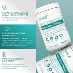 Bonavit BonaGlow label highlights probiotic and enzyme blend for digestion-friendly options.