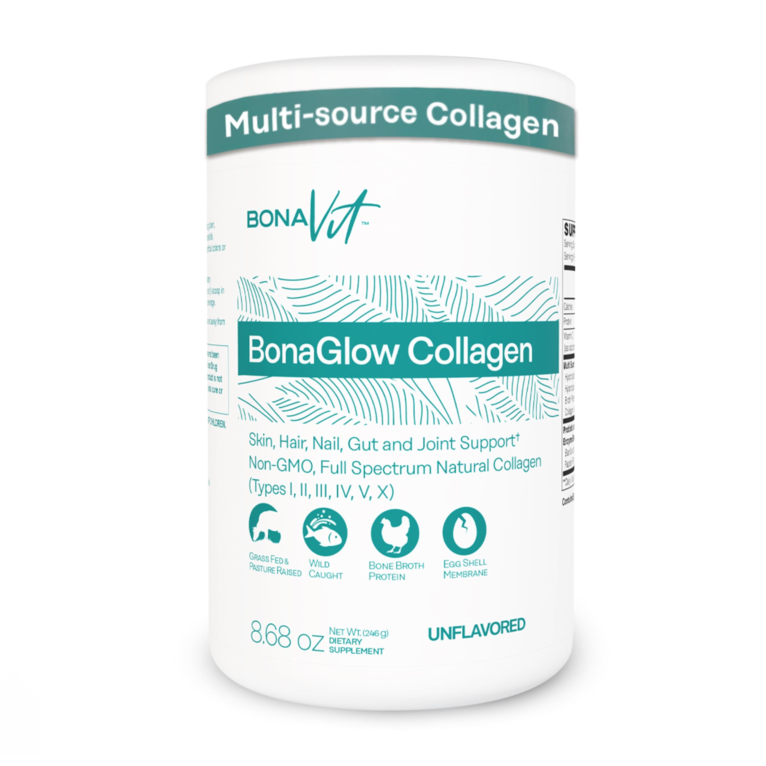 Bonavit BonaGlow unflavored bottle pour shows versatile mixing in water or beverages.