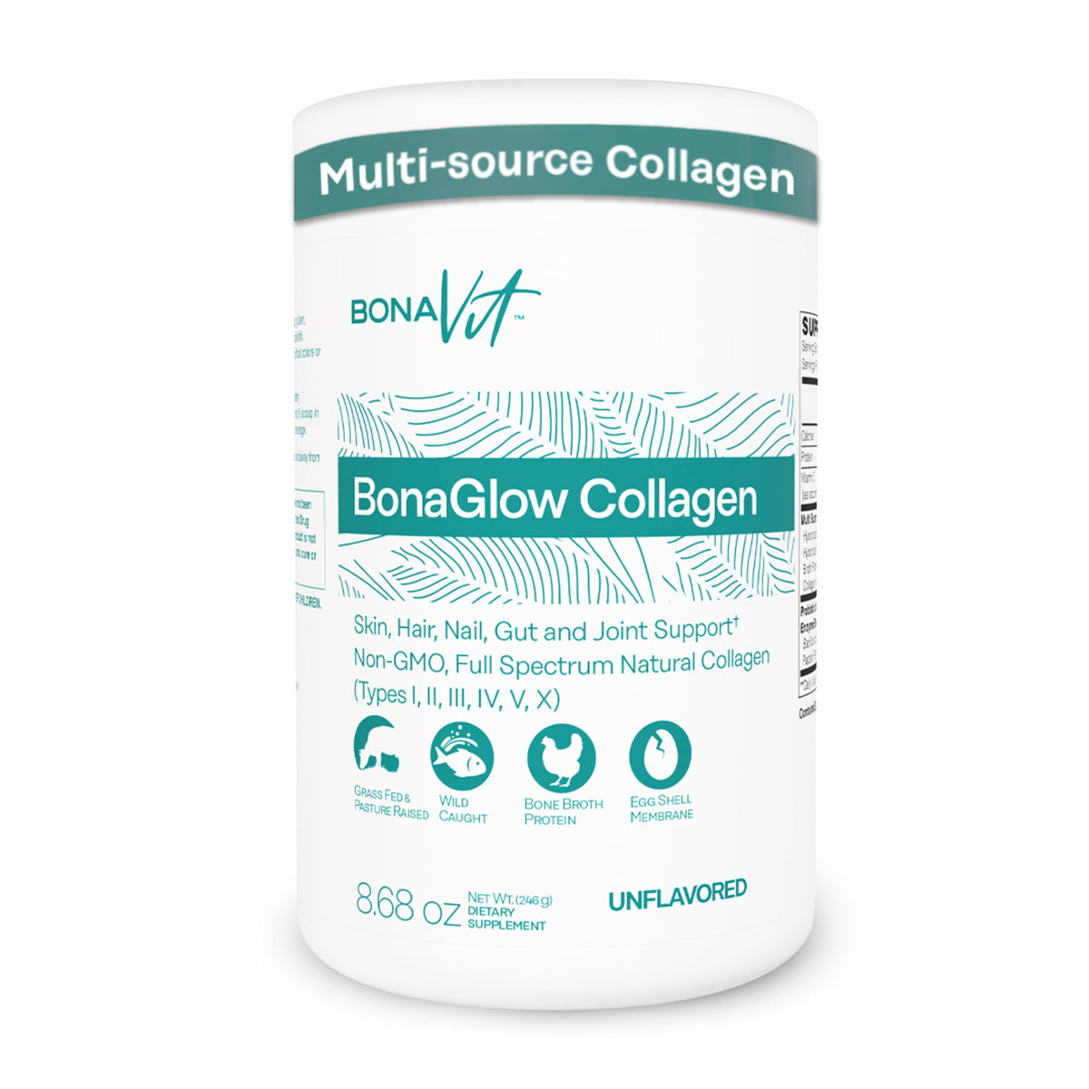 Bonavit BonaGlow unflavored bottle pour shows versatile mixing in water or beverages.
