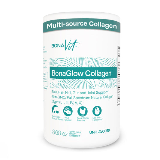 Bonavit BonaGlow unflavored bottle pour shows versatile mixing in water or beverages.