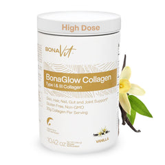Bonavit Collagen Peptides BonaGlow Vanilla powder in a jar prepared for daily shakes.