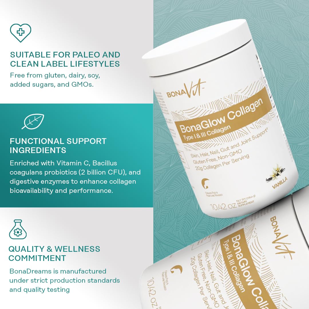 Bonavit BonaGlow vanilla powder mixing with plant-based milk for a shake.