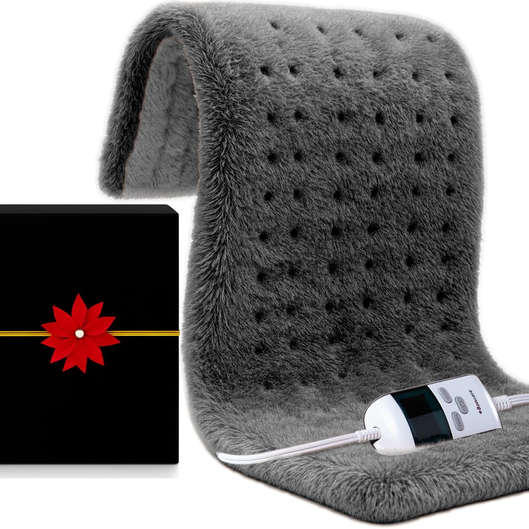 Boncare ultra plush XXL heating pad on bed setup provides full back and shoulder coverage.