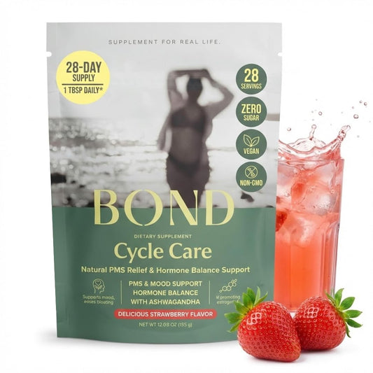 Bond Cycle Care bottle closeup for daily PMS support and easy dosing.