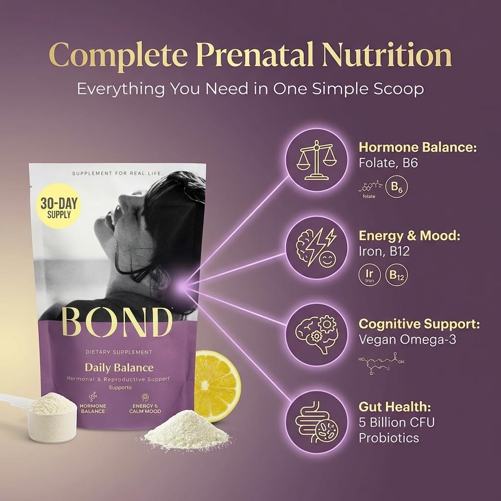 BOND Prenatal Lemon Drink label close-up highlights folate, iron, and omega-3 benefits.