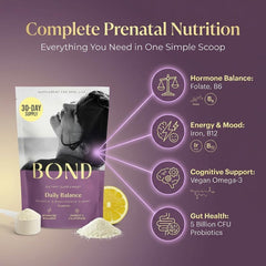 BOND Prenatal Lemon Drink label close-up highlights folate, iron, and omega-3 benefits.