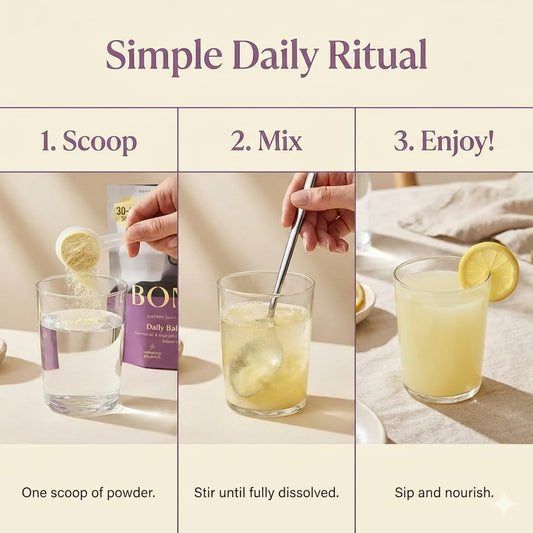 BOND Prenatal Lemon Drink with scoop demonstrates convenient daily nutrition on the go.