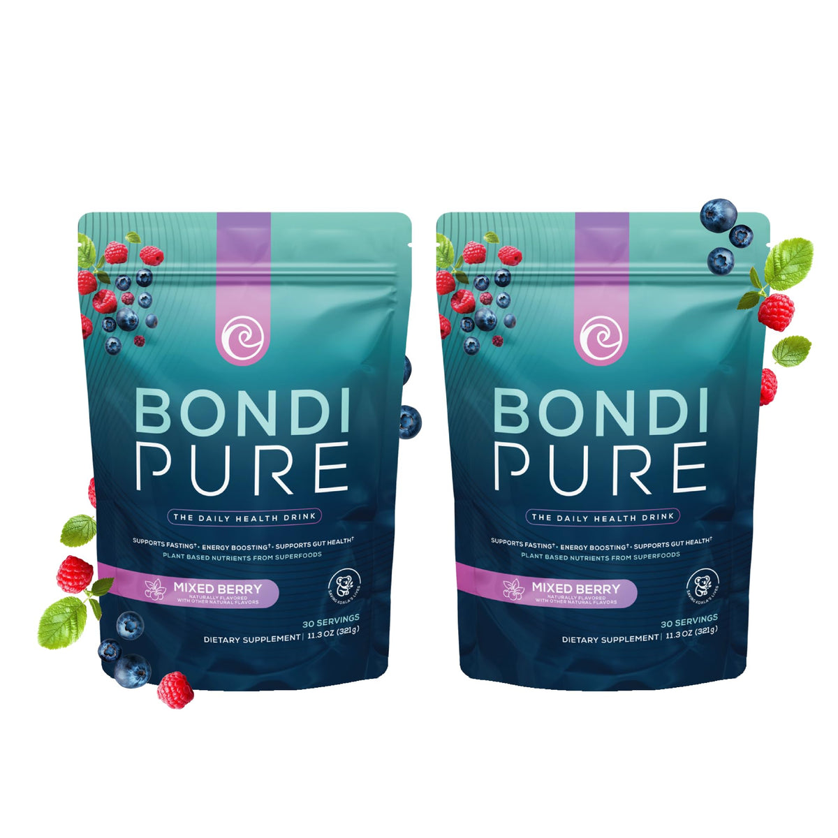 Bondi Pure Berry flavor tub highlighting a tasty daily health dose.