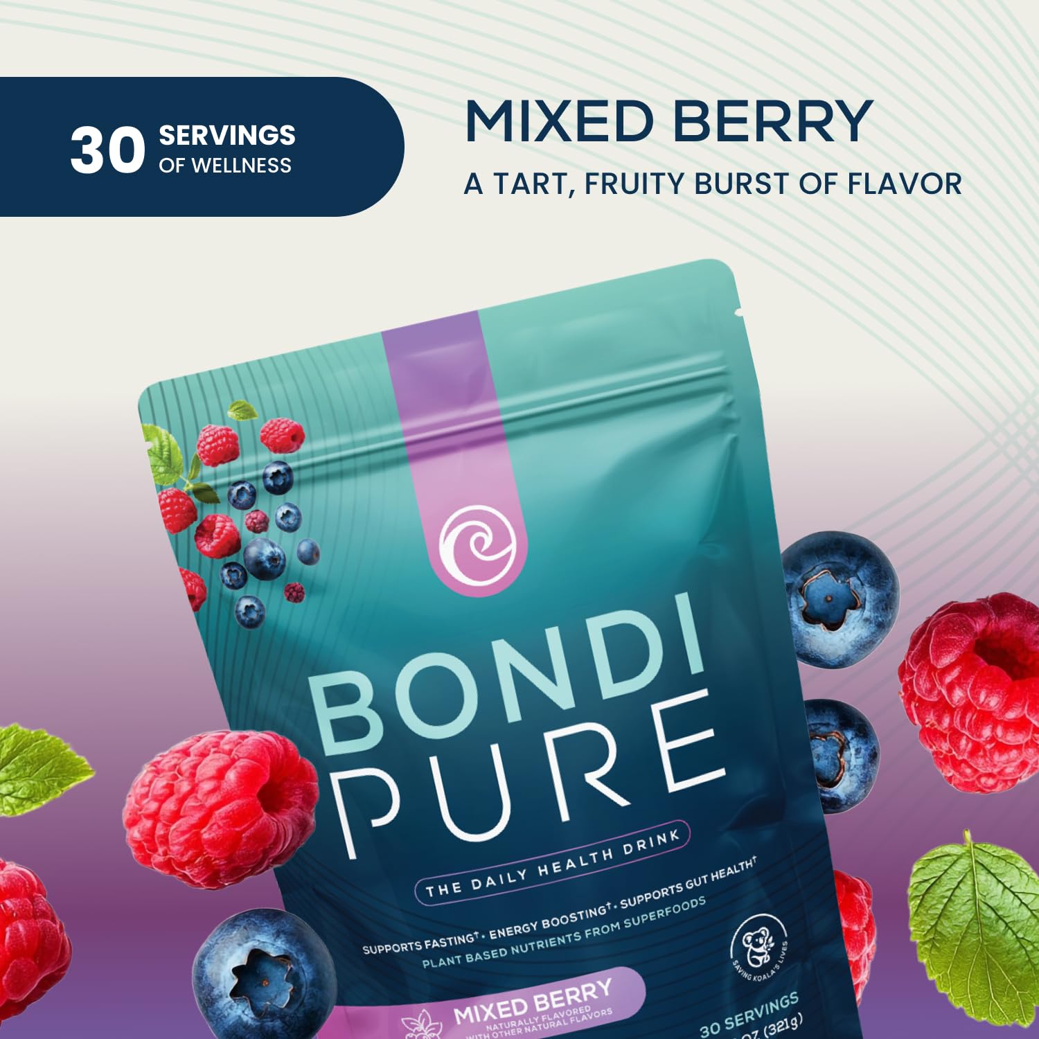 Glass with Bondi Pure lid, signaling clean ingredients and fasting-friendly nourishment.