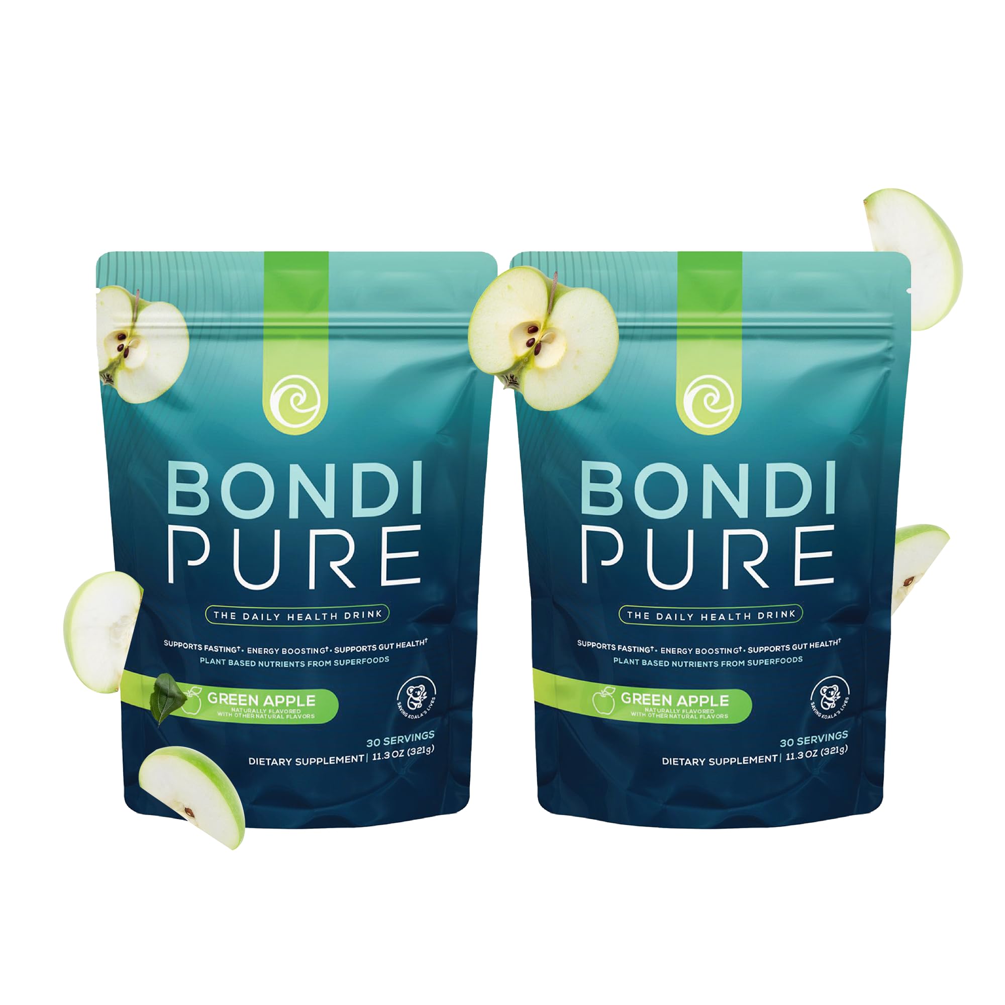 Bondi Pure green-apple 2-pack bottle front boosts energy during fasting.