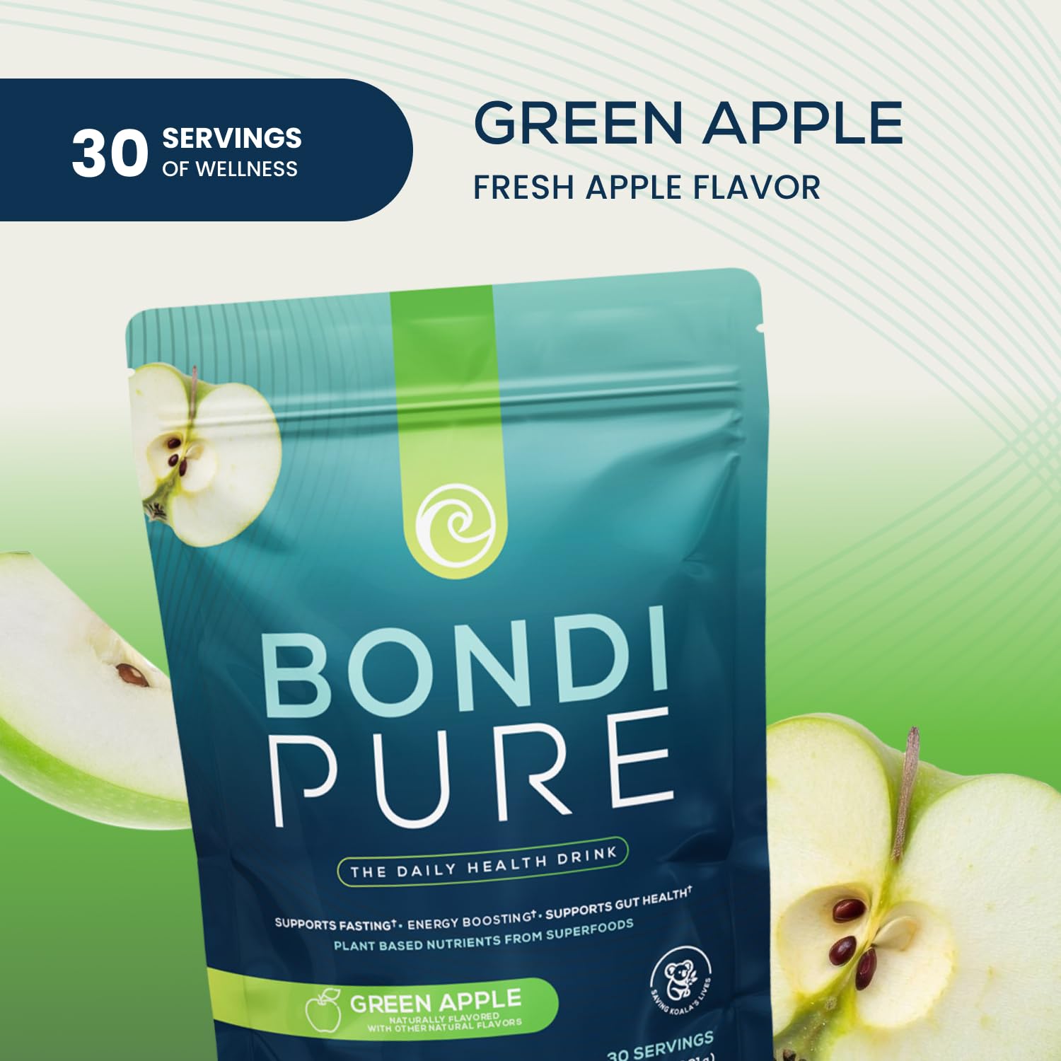 Bondi Pure Green Apple 3-Pack ingredient scene, highlighting plant-based fibers and greens.