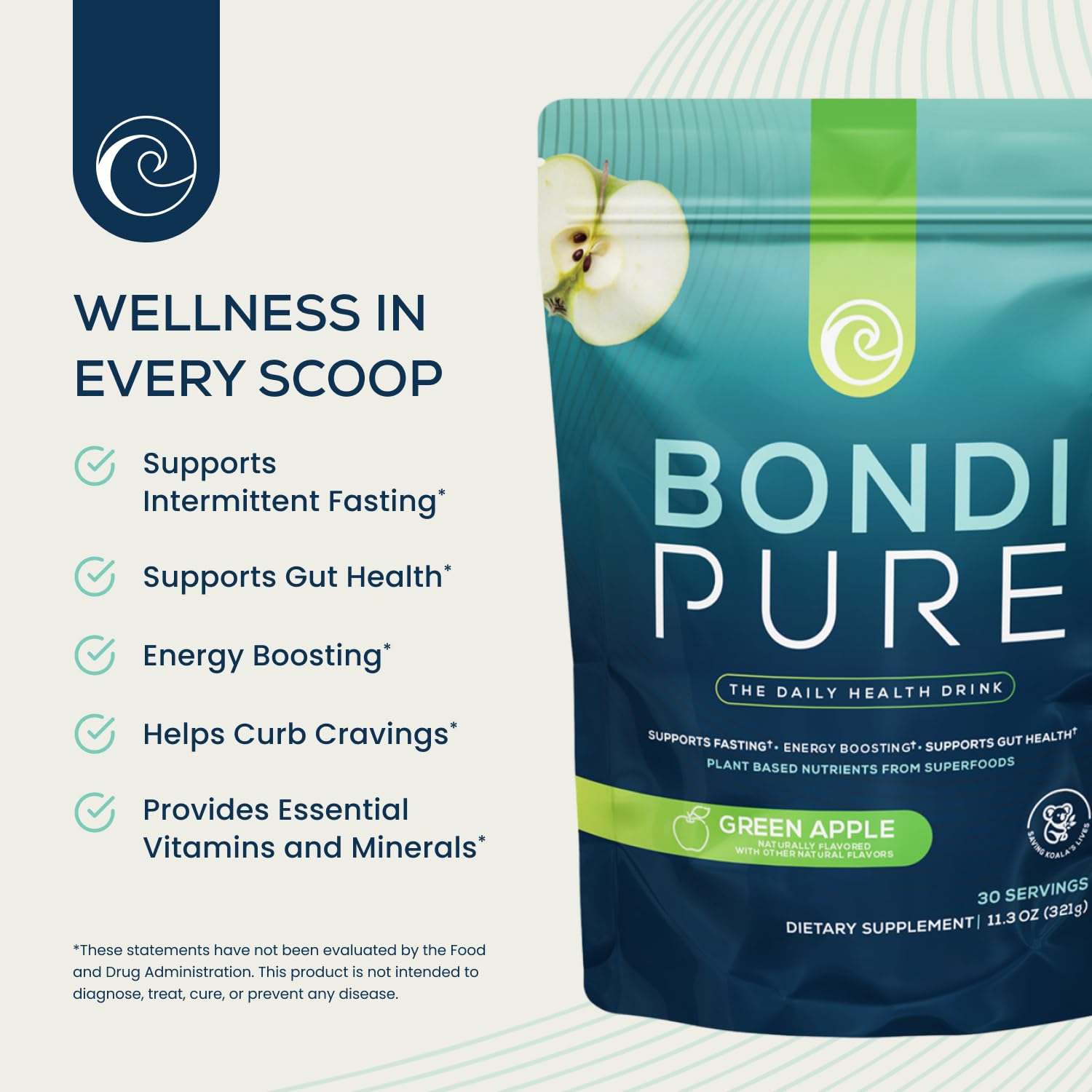 Bondi Pure Green Apple 3-Pack label close-up, showcasing natural ingredients.