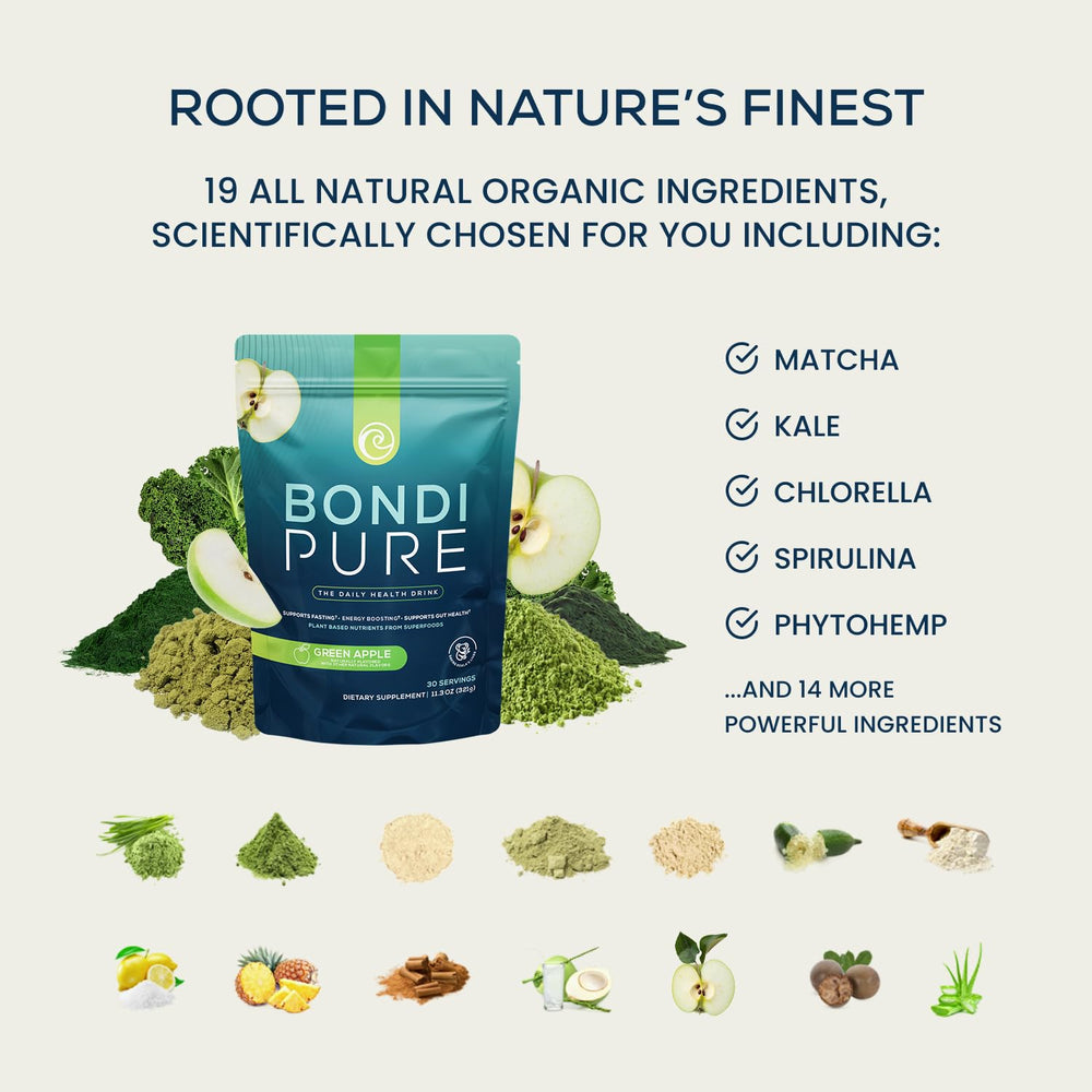 Bondi Pure Green Apple 3-Pack packaging front, all-in-one fasting and detox support.
