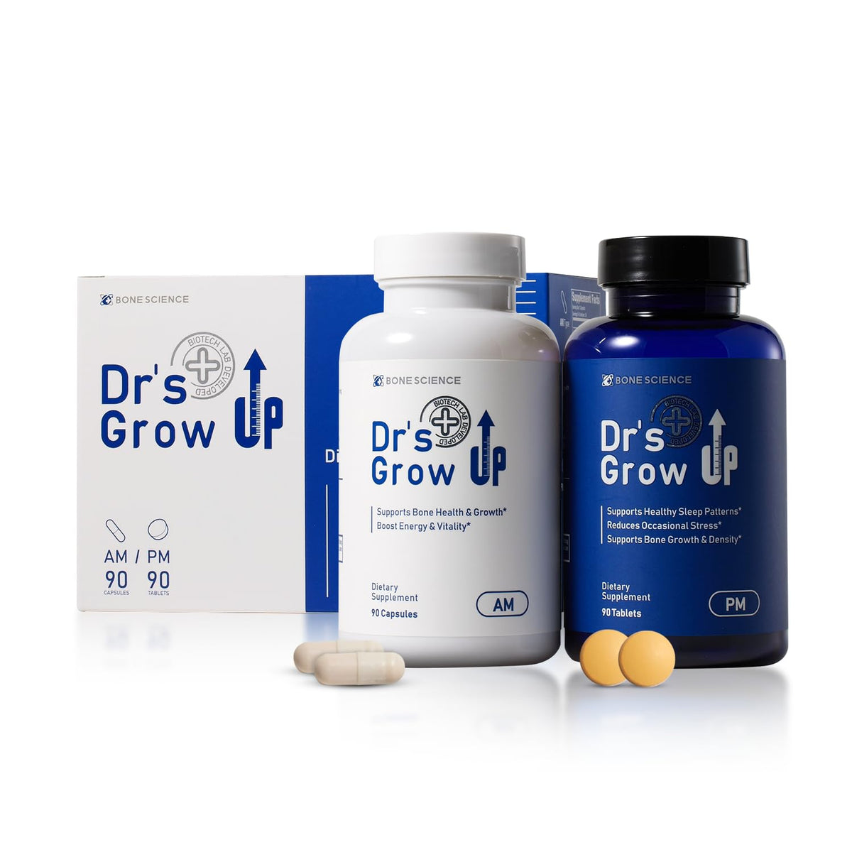 BONE SCIENCE Dr’s Grow Up AM bottle shows daytime mineral blend.