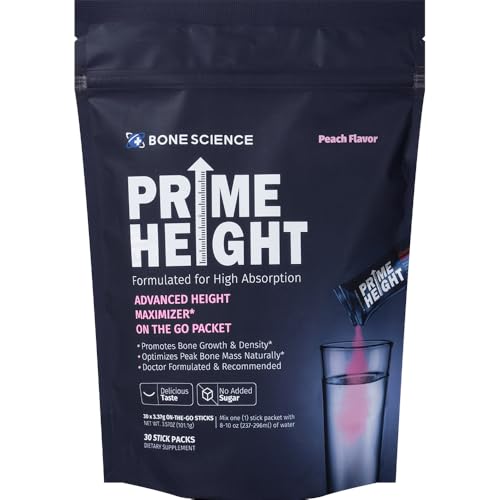 Bone Science Prime Height peach flavor label signals sugar-free nutrition for kids.