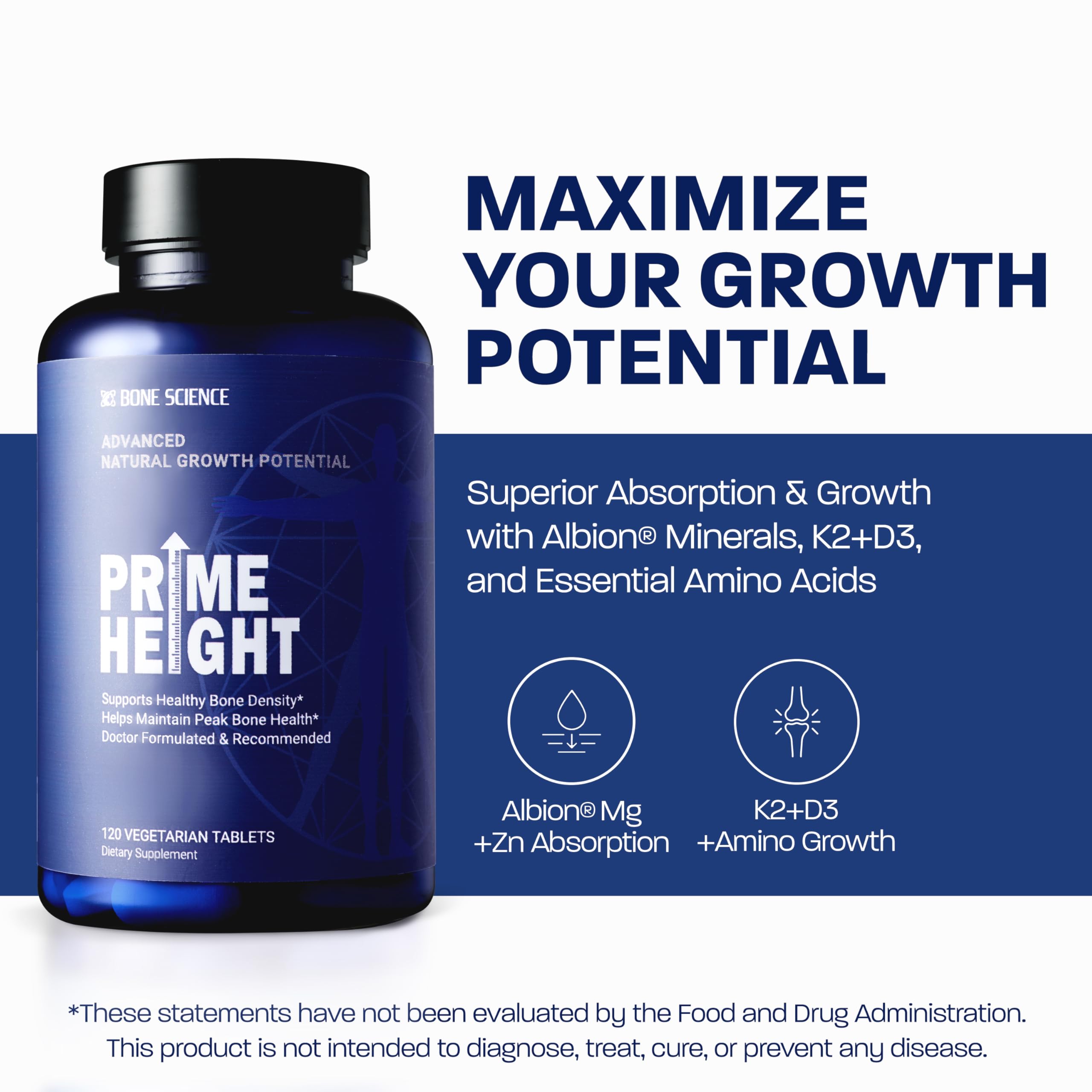 BONE SCIENCE PrimeHeight bottle with tablets highlighting easy daily supplementation for bones
