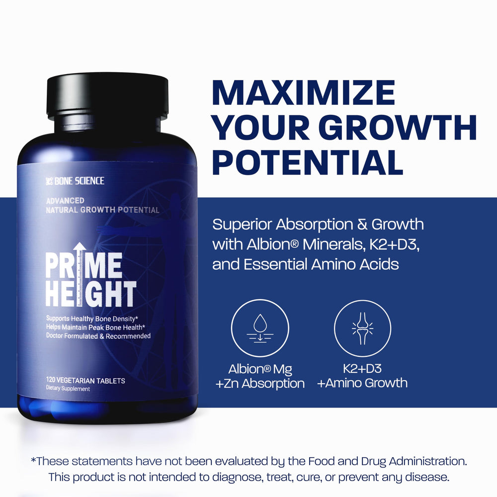 BONE SCIENCE PrimeHeight bottle with tablets highlighting easy daily supplementation for bones