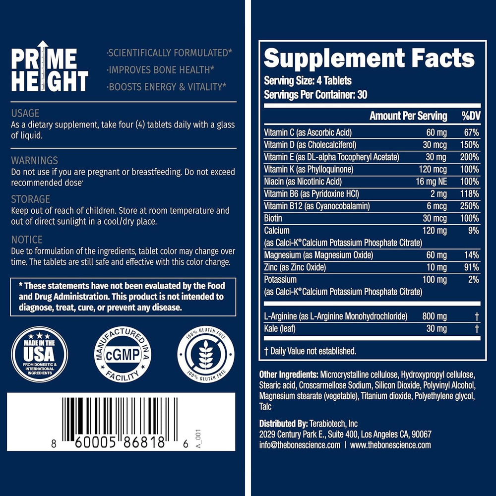 BONE SCIENCE PrimeHeight tablets arranged in a line suitable for daily routine
