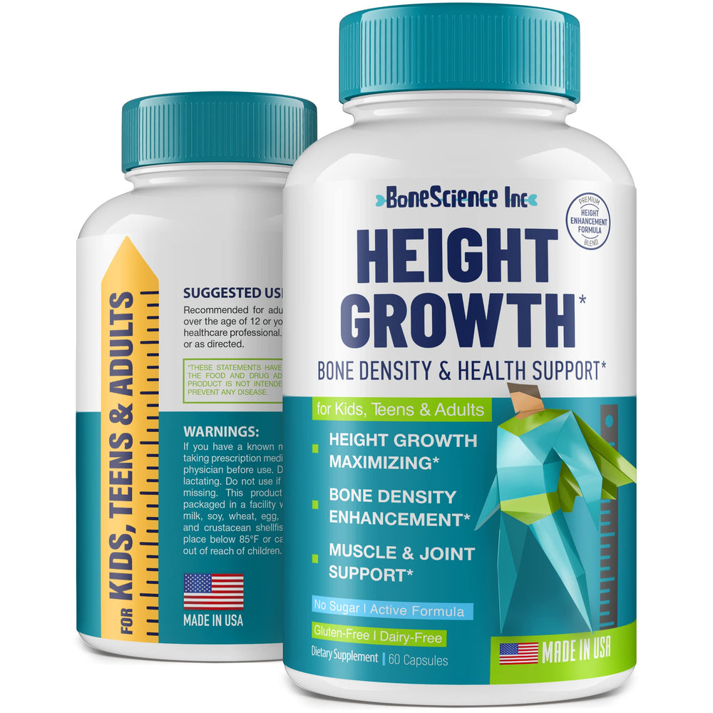 BoneScience Inc Height Growth Maximizer bottle pour illustrating easy daily dosing for healthy growth support.