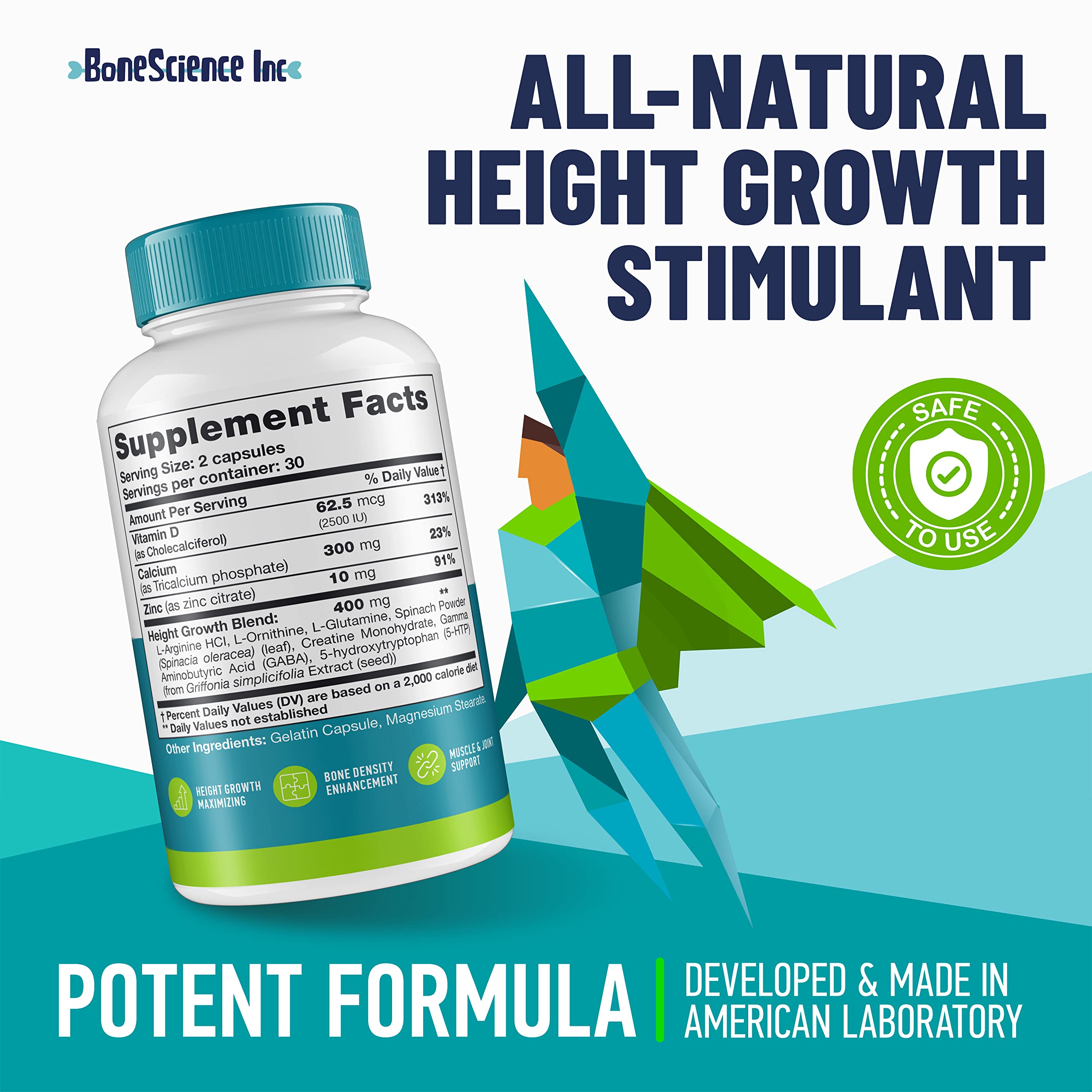 BoneScience Height Growth Maximizer pack featuring USA-made quality seal.