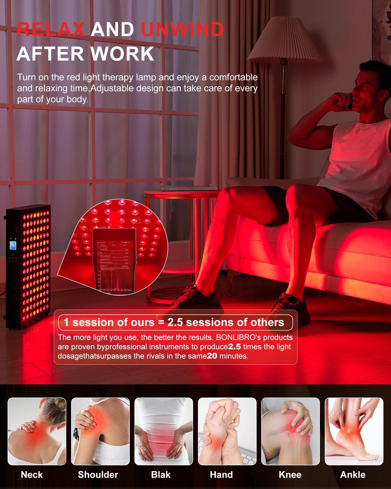 BONLIBRO red light panel beam angle demonstrates broad coverage for targeted therapy